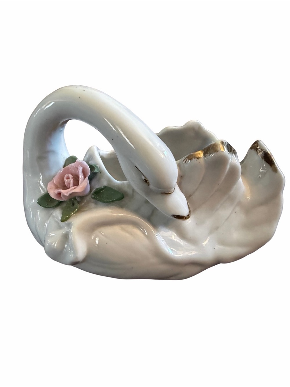 Vintage Porcelain 5” White Swan Figurine Dish with Pink Rose & Gold Accents